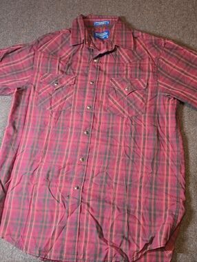 Pendleton Men's Red Plaid Western Frontier Shirt Pearl Snaps Bias Yoke Pockets